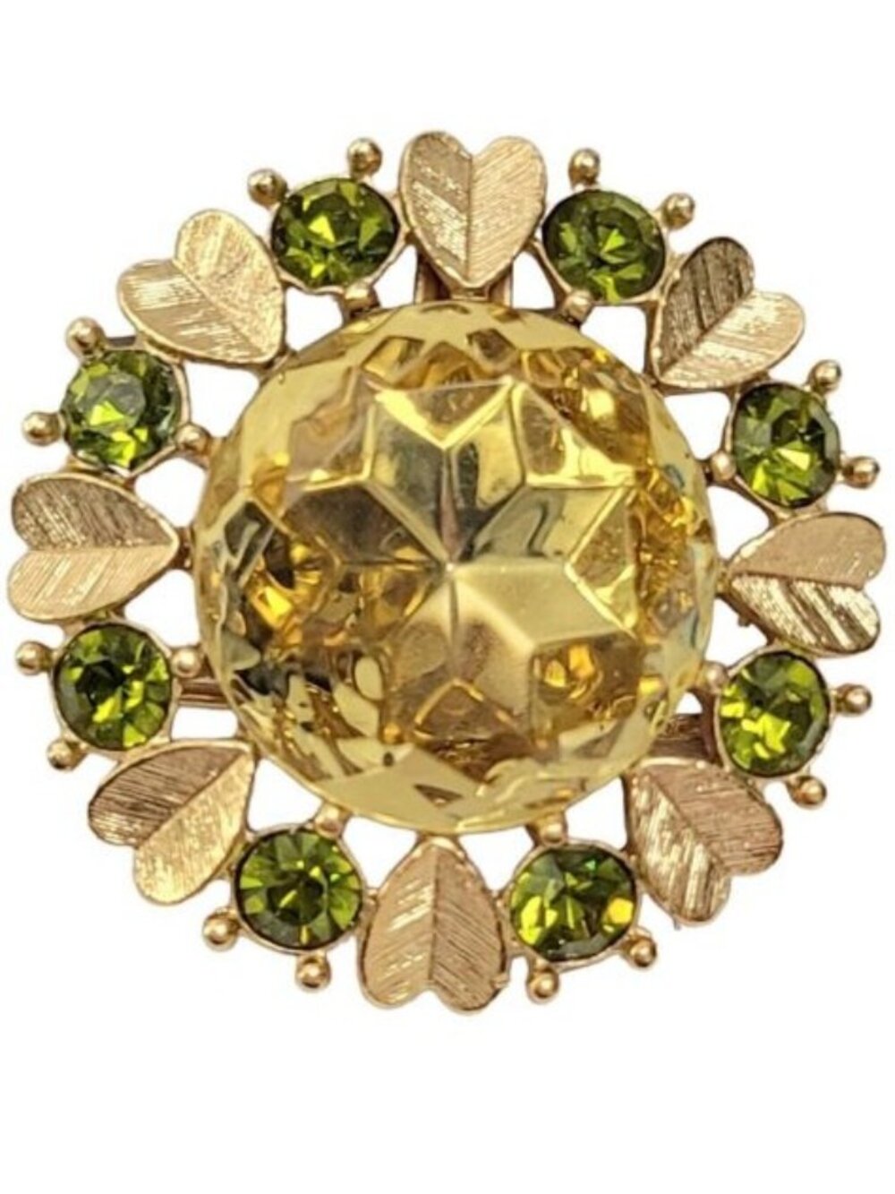 Avon Gold Tone Jonquil Rhinestone Heart Sun Brilliants Brooch Pendant, Signed